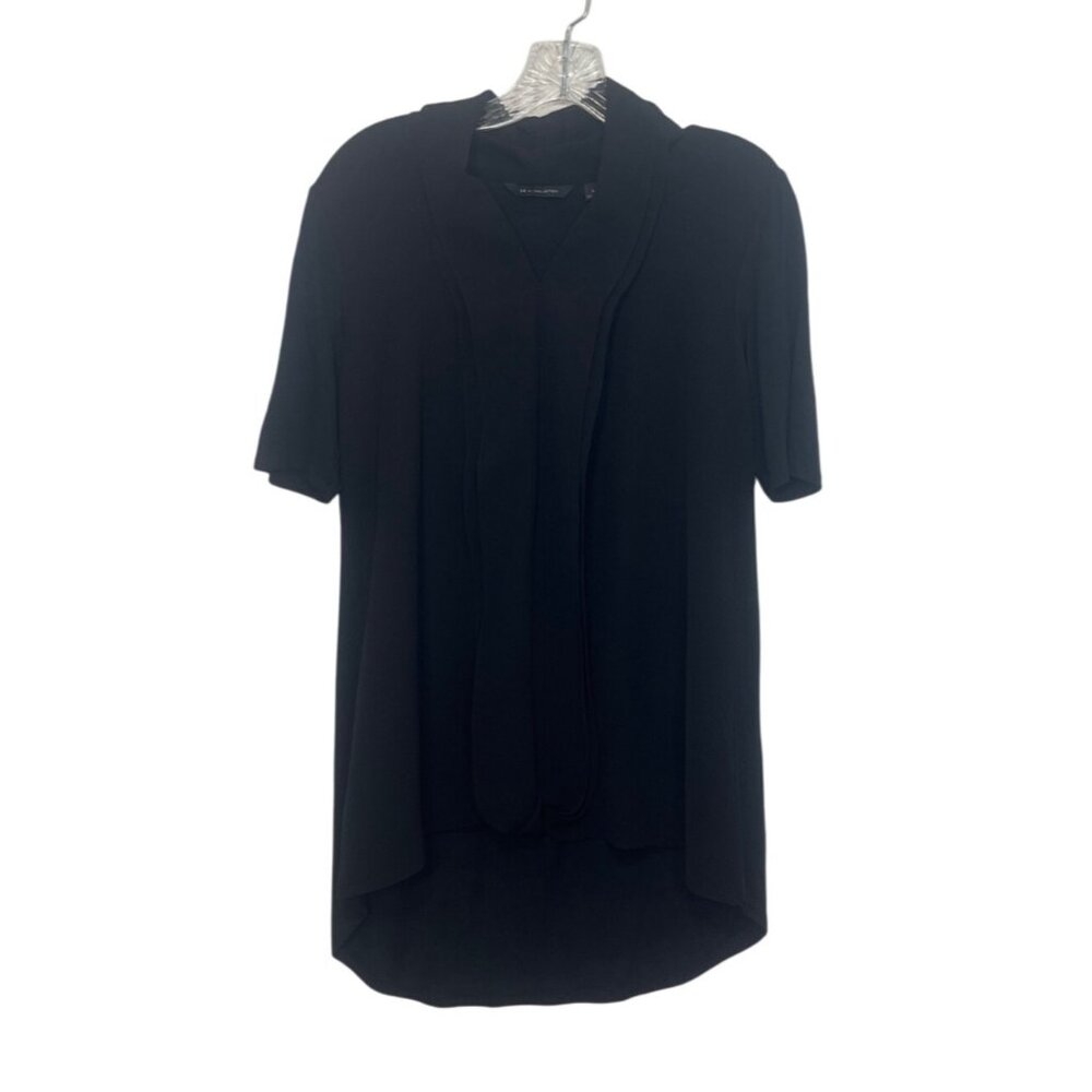 H By Halston Short Sleeve Top Blouse Small Black High Low Hem